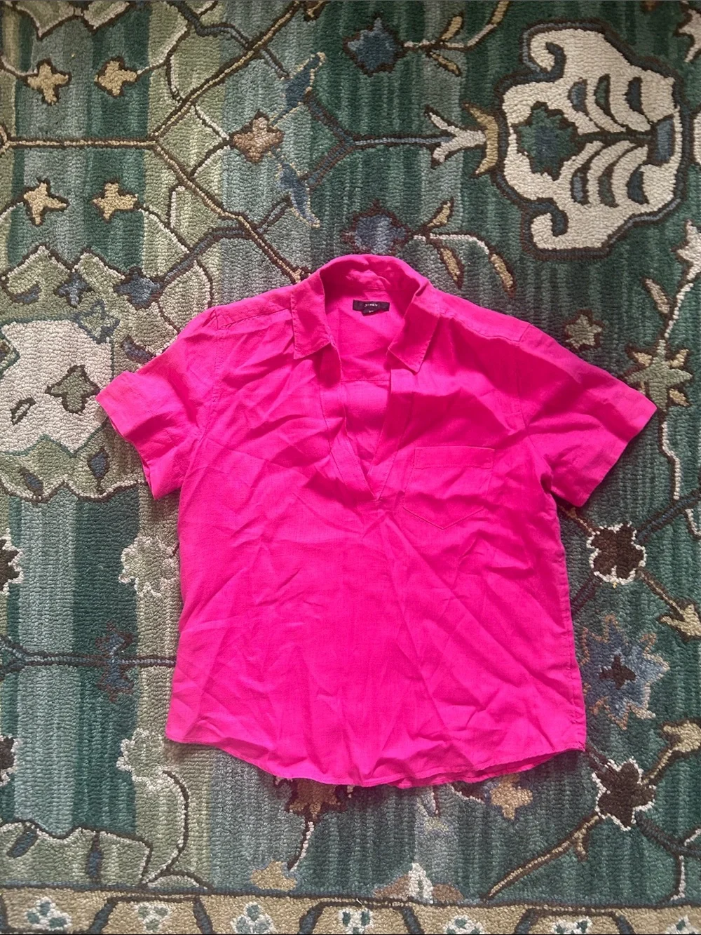 J. Crew Short Sleeve V-Neck Popover in Bright Pink 100% Linen
